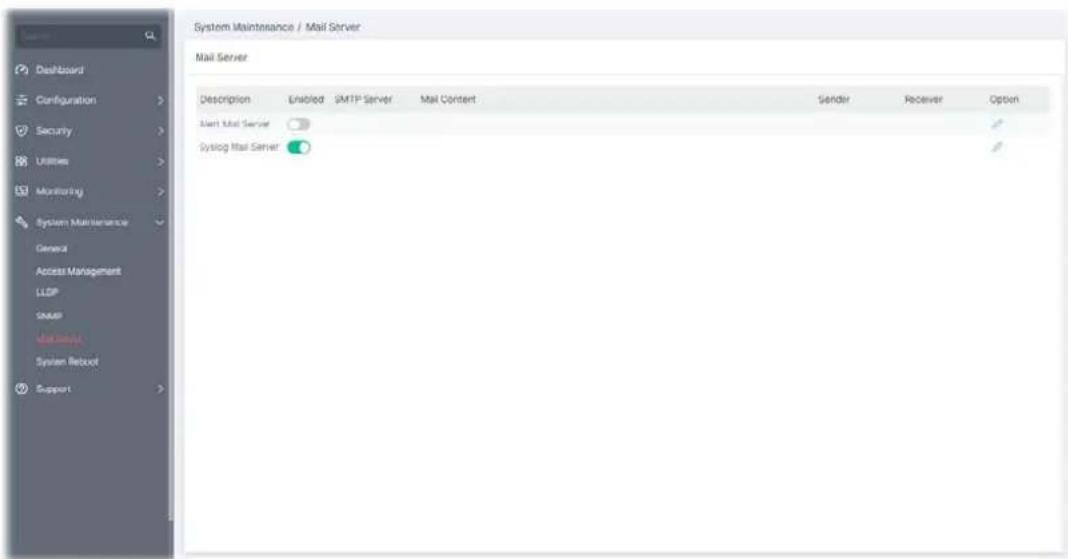 System Maintenance / Mail Server Mail Server Description Enabled SMTP Server Mail Content Sender Receiver Option Alert Mail Server Systog Mail Server