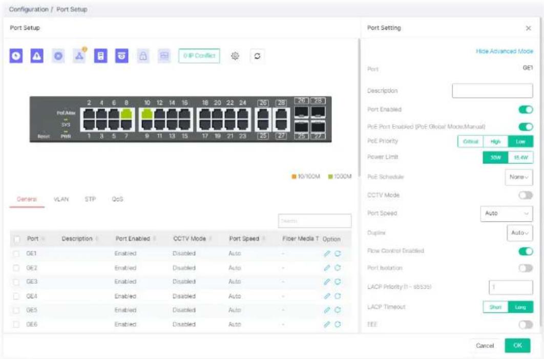 Configuration / Port Setup Port Setup 0 IP Conflict Port Max SYS Reset: PWR 1 3 5 7 9 11 13 15 17 19 21 23 25 27 28 29 2B General VLAN STP QoS Port Setting Hide Advanced Mode Port GE1 Description Port Enabled PoE Port Enabled (PoE Global ModeManual) PoE Priority Critical High Low Power Limit 35W 15.4W PoE Schedule None CCTV Mode Port Speed Auto Duplex Auto Flow Control Enabled Port Isolation LACP Priority (1 - 65535) 1 LACP Timeout Short Long EEE Cancel OK
