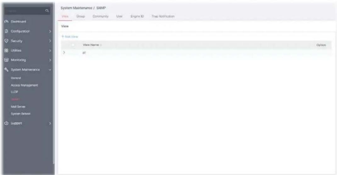 System Maintenance / SNMP* View Group Community User Engine ID Trust Notification View + Asst View View Name: Option > all