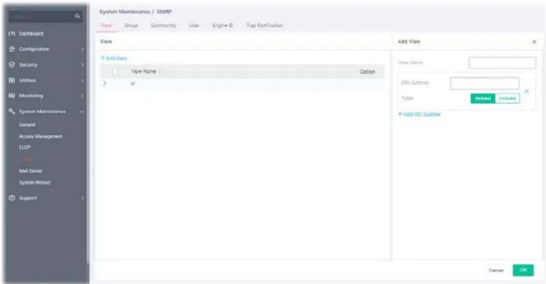 System Maintenance / SNMP View Group Community User Engine ID Tap Notification Add View View Subtree Add GD Subtree Add GD Subtree View Name Option All Add GD Subtree Cancel OK
