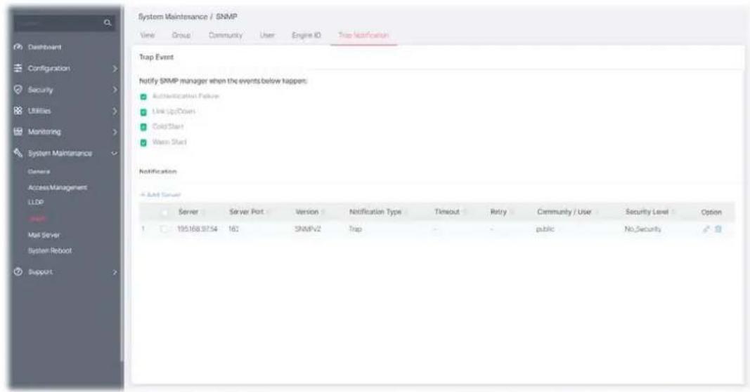 System Maintenance / SNMP View Group Community User Engine ID Trap Identification Trap Event Notify SNMP manager when the events below happens: - Authentication Failure - Link Up/Down - Cold Start - Warm Start Notification + Add Server Server Server Port Version Notification Type Timeout Retry Community / User Security Level Option 1 195168.9754 163 SNMPv2 Trap - public No.Security Support