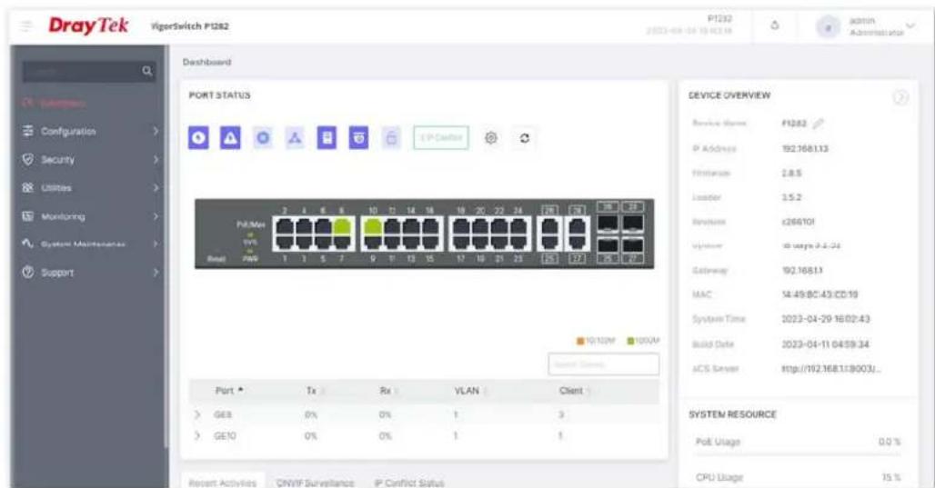 DrayTek ViperSwitch P1282 P1232 2023-04-04 10:00:36 Action Advertisement Dashboard PORT STATUS Port Status IP Control PUMet SYS Base FWD 1 1 5 7 9 1 13 15 17 18 21 23 25 27 28 29 30 10/10/M 100/M Device Overview Service Name P1282 IP Address 192.168.1.13 Maintenance 2.8.5 Loader 1.5.2 System c266101 Worker i9 ways 2.2.34 Gateway 192.168.1.13 MAC 14.49/BC:43/CD:19 System Time 2023-04-29 16:02:43 Build Date 2023-04-11 04:59:34 aCS Server http://192.168.1.1(0003)... System Resource Poll Usage 0.0 % CPU Usage 15 % Port Tx Rx VLAN Client GE8 0% 0% 1 3 GE70 0% 0% 1 1 Recent Activities CNVIF Surveillance IP Conflict Status