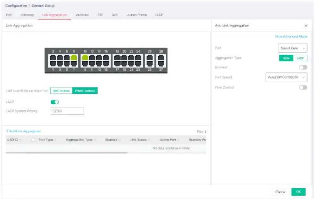 Configuration / General Setup PoE Mirroring Link Aggregation Multicast STP QoS Jumbo Frame LLDP Link Aggregation 2 4 6 8 10 12 14 16 18 20 22 24 26 28 1 3 5 7 9 11 13 15 17 19 21 23 25 27 LAP Load Balance Algorithm MAC Address ITMAC Address LACP LACP System Priority 32768 Add Link Aggregation Max: 8 LAG ID Port Type Aggregation Type Enabled Link Status Active Port Standby Po No data available in table Add Link Aggregation Hide Advanced Mode Port Select Here Aggregation Type Static LACP Enabled Port Speed Auto(10/100/1000/M) Flow Control Cancel OK