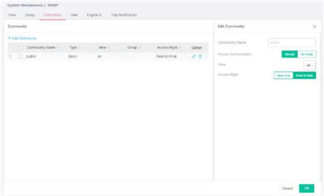 System Maintenance / SNMP View Group Community User Engine ID Trap Notification Community Add Community Community Name Type View Group Access Right Option 1 public Basic ail Read & Write Edit Community Community Name public Access Authorization Density/Via Group View Access Right Read Only Fread & Write Cancel OK