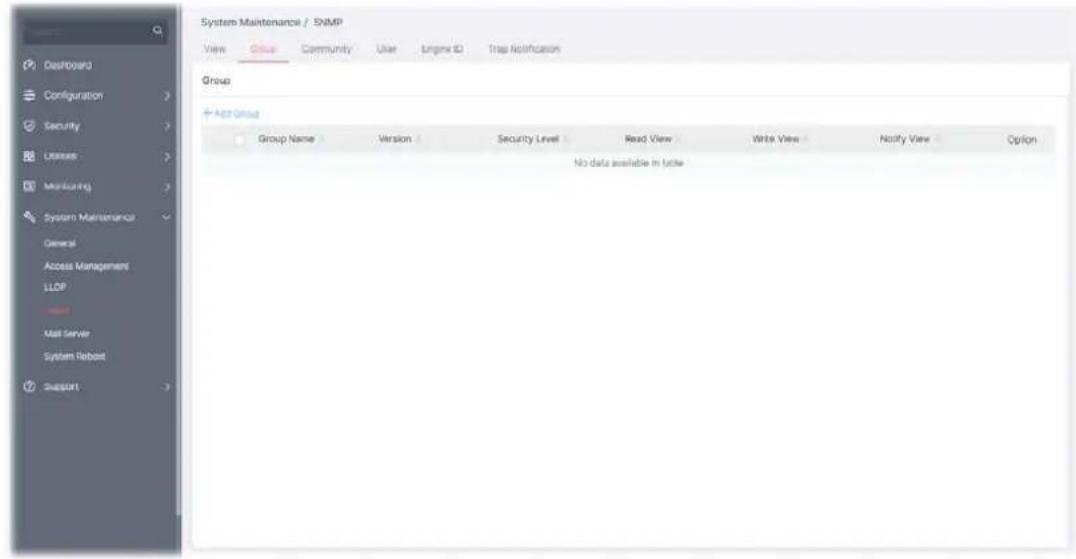 System Maintenance / SNMP View Group Community User Engine ID Trap Notification Group + Active Group Group Name Version Security Level Read View Write View Notify View Option NO data available in table
