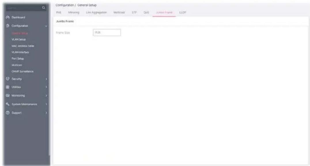 Configuration / General Setup File Monitoring Live Aggregation Multicast STP QoS Junior Image LLDT Jumbo Frame Frame Size 15.26