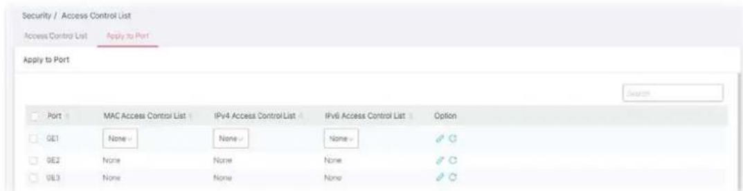 Security / Access Control List Access Control List Apply to Port Apply to Port Port MAC Access Control List IPv4 Access Control List IPv6 Access Control List Option GE1 None None None ✓ ✓ GE2 None None None ✓ ✓ GE3 None None None ✓ ✓