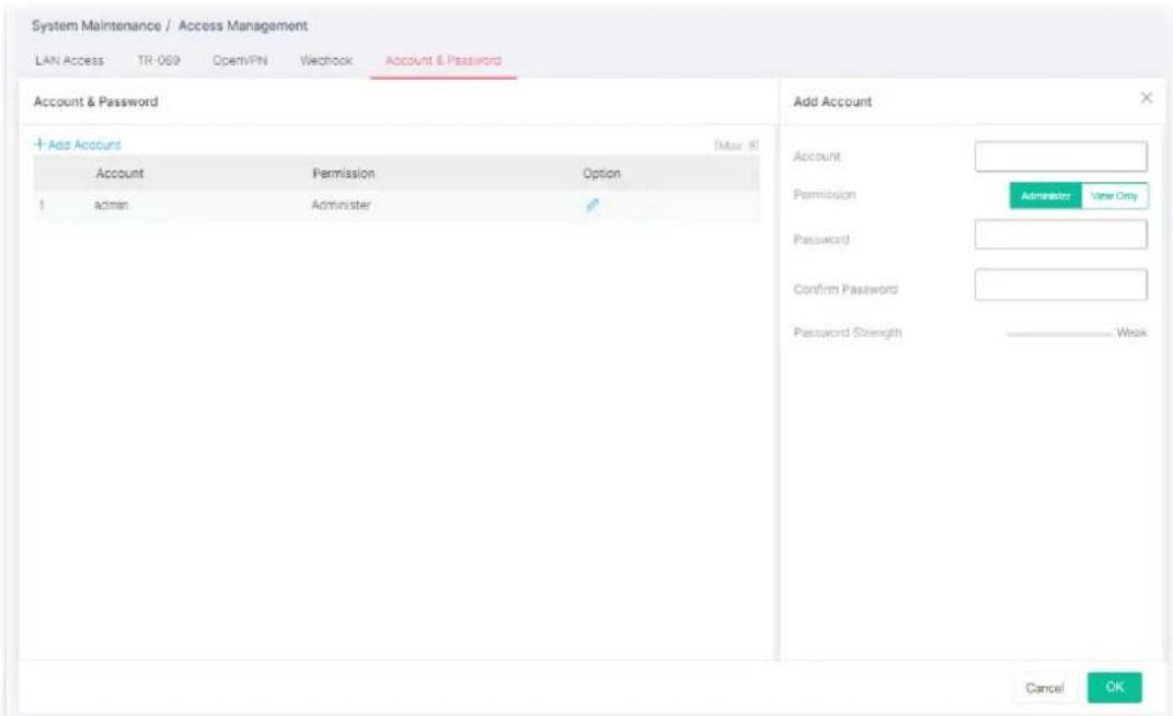 System Maintenance / Access Management LAN Access TR-069 OpenVPN Webhook Account & Password Account & Password + Add Account Account Permission Option 1 admin Administer Add Account Account Permission Administrator View Only Password Confirm Password Password Strength Weak Cancel OK