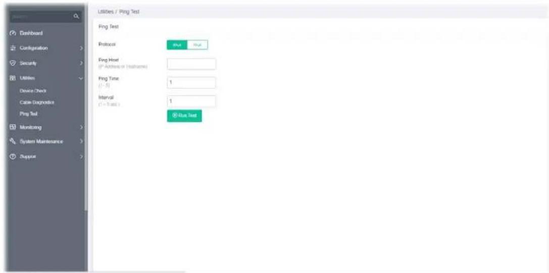 Dashboard Configuration Security Utilities Device Check Case Diagnosis Ping Test Monitoring System Maintenance Support Utilities / Ping Test Fog Test Protocol Ping Host (P Address or Instrange) Ping Time (1 - 5) Interval (1 - max) Blue Test
