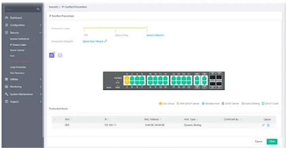 Security / IP Conflict Prevention IP Conflict Prevention Prevention Level Off Detect Only Detect & Block? Prevention Setup: Quick Start Wizard Inf Max 20% Base PWR 1 3 5 7 9 11 13 15 17 18 21 23 25 27 28 29 LAG Group With DHCP Server Multiple Host DHCP Server Static Binding DHCP Client Protected Hosts Port IP MAC Address Host Type Conflicted By Option QES 152 168.11 14:49 BC 3A/SA BI Dynamic Binding Cancel Clear