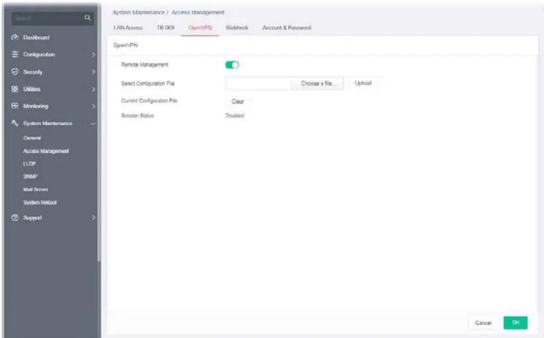 System Maintenance / Access Management LAN Access TR-069 OpenVPN Workcheck Account & Password OpenVPN Remote Management Select Configuration File Choose a file... Upload Current Configuration File Clear Bension Status Disabled Cancel OK