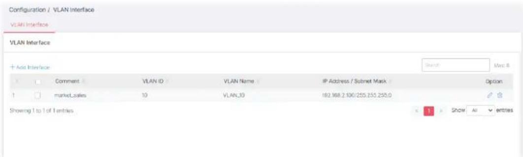 Configuration / VLAN Interface VLAN Interface VLAN Interface + Add Interface Comment VLAN ID VLAN Name IP Address / Subnet Mask Search Marc 8 Option 1 market_Sales 10 VLAN_ID 182.168.2.100/255.255.255.0 Showing 1 to 1 of 1 entries Show All entries