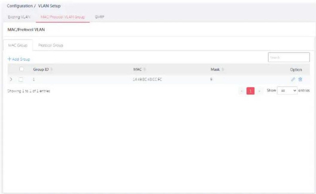 Configuration / VLAN Setup Setting VLAN MAC Protocol VLAN Group GVRP MAC/Protocol VLAN MAC Group Protocol Group + Acid Group Search Group ID MAC Mask Option 1 14:49:8C:43:CC:FC 9 Showing 1 to 1 of 1 entries Show as entries