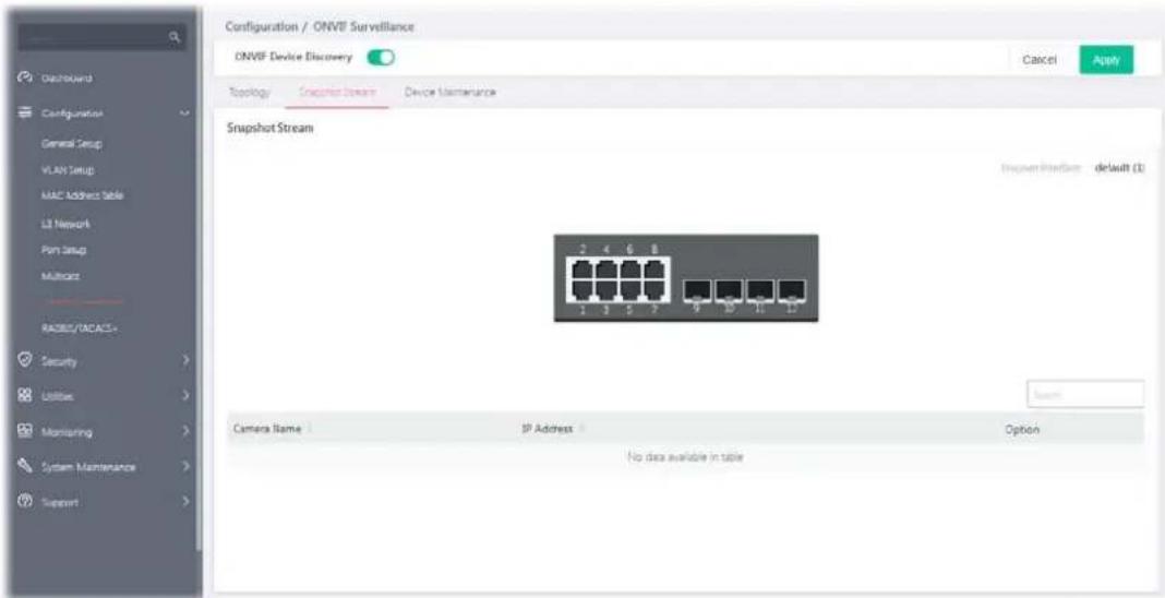Configuration / ONVIF Surveillance ONVIF Device Discovery Topology Snapshot Stream Device Maintenance Snapshot Stream Inspector Interface default (1) Camera Name SP Address Option No data available in table