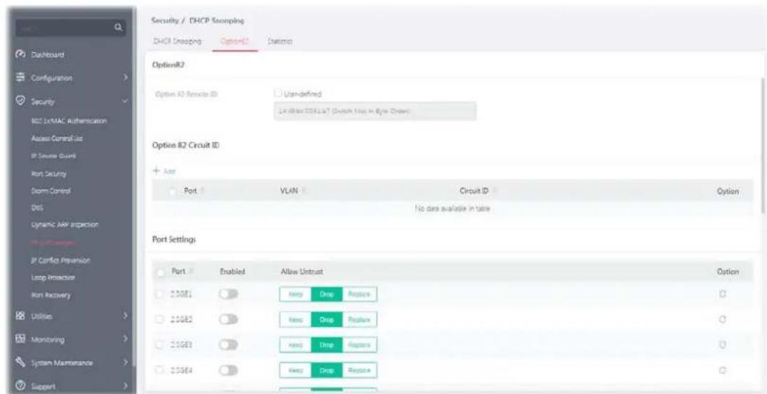 Security / DHCP Adopting DHCP Adopting Options Options OptionR2 Option R2 Remote ID Un-defined Link/Drive CD4L1a? (Switch Use In Byte Options) Option R2 Circuit ID + Asp Port VLAN Circuit ID Option No data available in table Port Settings Port Enabled Allow Untrust Option 20061 Keep Drop Replace 20062 Keep Drop Replace 20063 Keep Drop Replace 20064 Keep Drop Replace