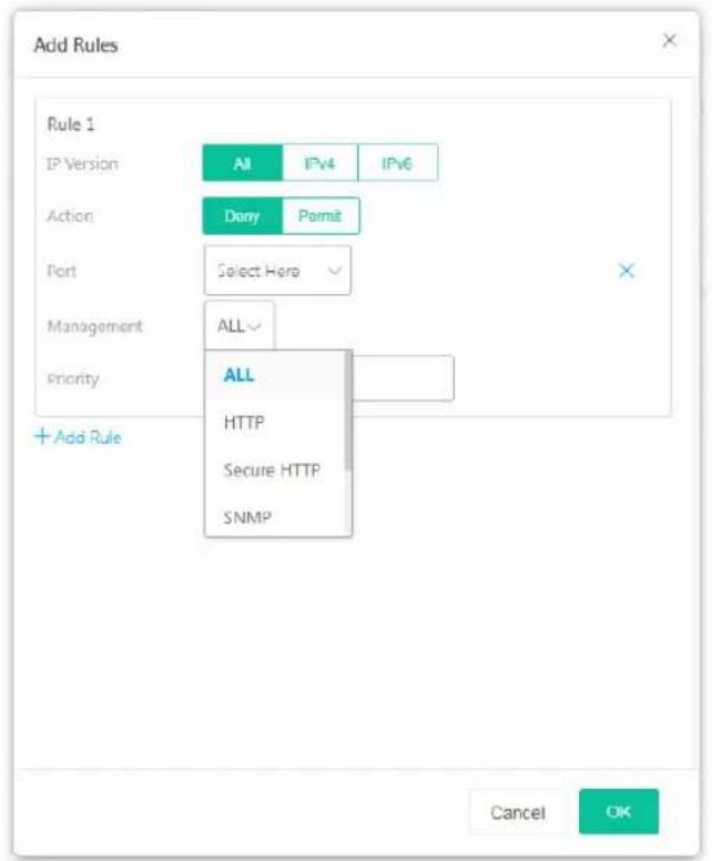 Add Rules Rule 1 IP Version All IPv4 IPv6 Action Dany Permit Port Select Here Management ALL Priority + Add Rule ALL HTTP Secure HTTP SNMP Cancel OK