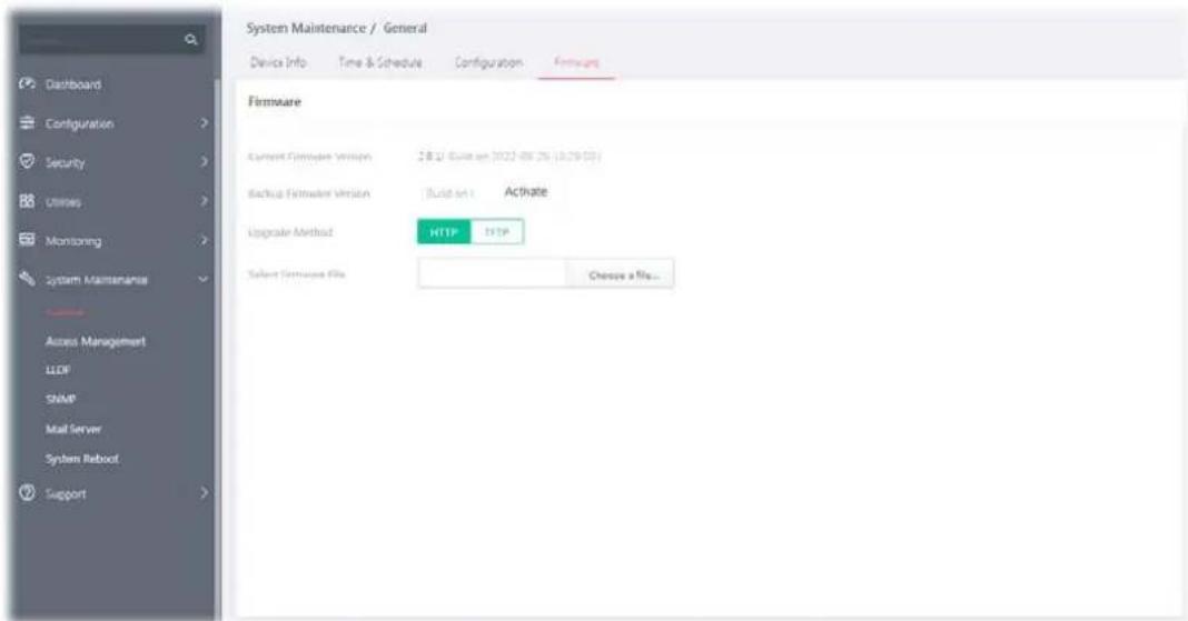 System Maintenance / General Device Info Time & Schedule Configuration Firmware Firmware Current Firmware Version 28.12 (Suite 2022-09.2% (0.05/03)) Backup Firmware Version Build set Activate Upgrade Method HTTP HTTP Select Firmware File Choose a file... Access Management LLDF SNMP Mail Server System Reboot Support