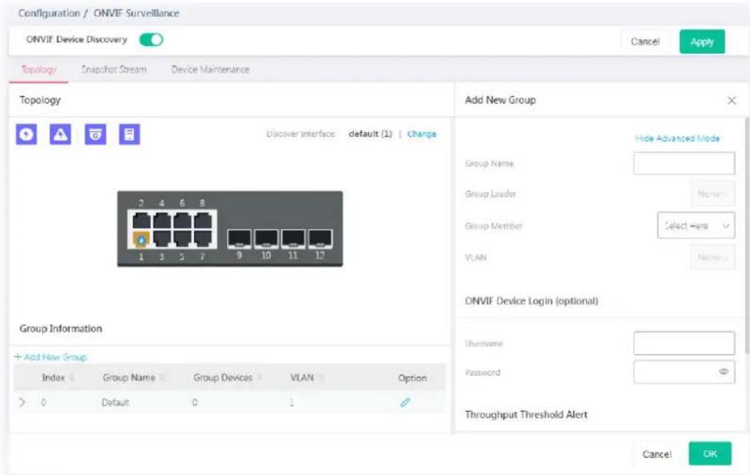 Configuration / ONVIF Surveillance ONVIF Device Discovery Cancel Apply Topology Snapshot Stream Device Maintenance Topology Discover Interface default (1) Change 2 4 6 8 1 3 5 7 9 10 11 12 Add New Group Hide Advanced Mode Group Name Group Leader None- Group Member Select Here VLAN ONVIF Device Login (optional) Username Password Throughput Threshold Alert + Add New Group Index Group Name Group Devices VLAN Option > 0 Default 0 1 Cancel OK
