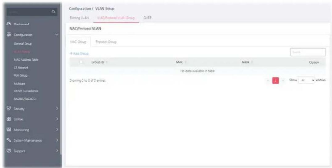 Configuration / VLAN Setup Bitting VLAN MAC/Protocol VLAN-Group GVER MAC/Protocol VLAN MAC Group Protocol-Group + Ass Group Group ID MAC Mask Option Pto data available in table Showing 0 to 0 of 0 entries Show # entries