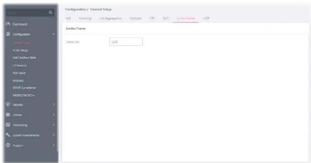 Configuration / General Setup Ref Monitoring Link Aggregation Muticate STP Opt Jumbo Frame LLDP Jumbo Frame Frame Size 1526