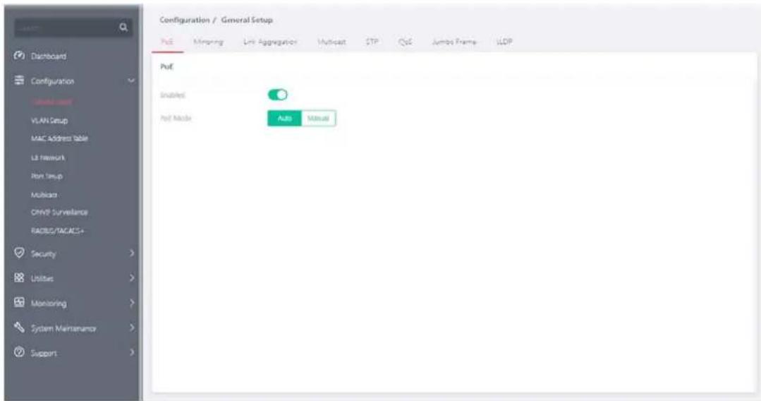 Configuration / General Setup PulE Mining Link Aggregation Multicast STP QoE Jumbo Frame VUDP PulE Enabled Pul Mode Auto Manual