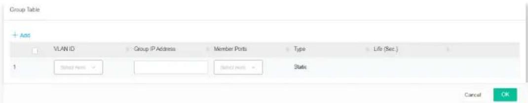 Group Table + Add VLAN ID Group IP Address Member Ports Type Life (Sec.) 1 Select Home Select Home Status Cancel OK