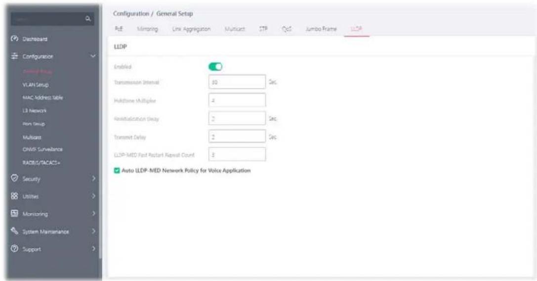 Configuration / General Setup PcE Monitoring Link Aggregation Multicast STP QoS Jumbo Frame LDP LDP Enabled Transmission Interval 50 Sec Multiplex Multiplier 4 Reinstatement Delay 3 Sec Transmit Delay 2 Sec LLDP-MED Fast Pictant Repeal Count 3 Auto LLDP-MED Network Policy for Voice Application