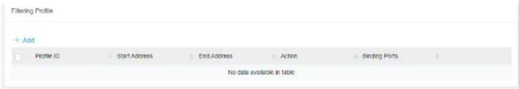 Filtering Profile + Add Profile ID Start Address End Address Action Binding Ports No data available in table