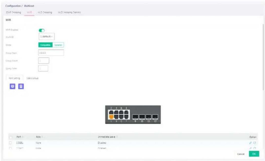 Configuration / Multicast Multi-Shopping Link: M.D. Dissection M.D. Dissection Parameters MR MR Enabled VLAN ID 1 default State Computation Dynamic Group Item: 10000 Group Event: 1 Query Time: 1 Port Setting Data Group Port Role Immediate Leave Option 10001 None Disabled 20007 None Dissets Cancel OK