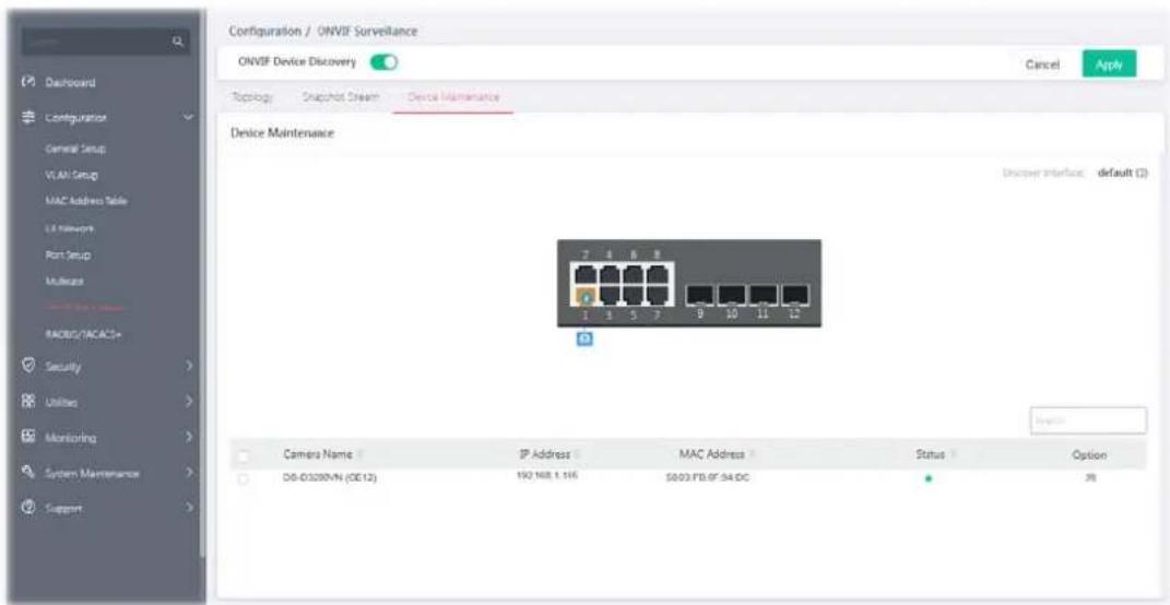 Configuration / ONVIF Surveillance ONVIF Device Discovery Cancel Apply Topology Snapshot Stream Device Maintenance Device Maintenance Discover Interface default (D) Security Utilities Monitoring System Maintenance Support Camera Name IP Address MAC Address Status Option DB-03200/N (CE12) 192 168.1.116 5003 FB.6F.54 DC 无