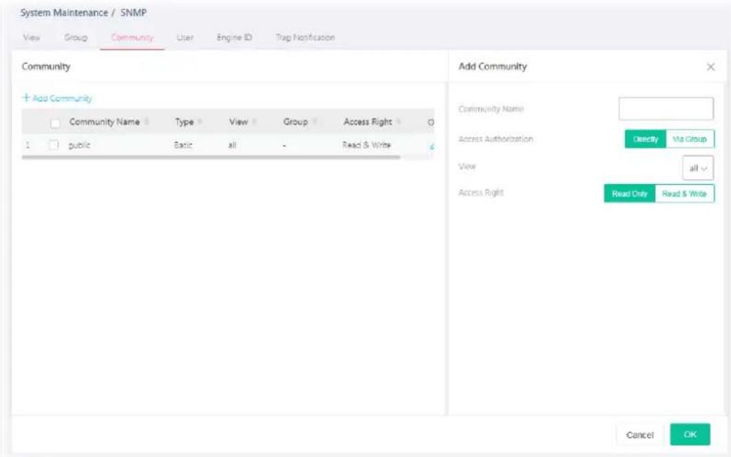 System Maintenance / SNMP View Group Community User Engine ID Trap Notification Community + Add Community Community Name Type View Group Access Right 1 public Basic all - Read & Write Add Community Community Name Access Authorization Directly Via Group View all Access Right Read Only Read & Write Cancel OK