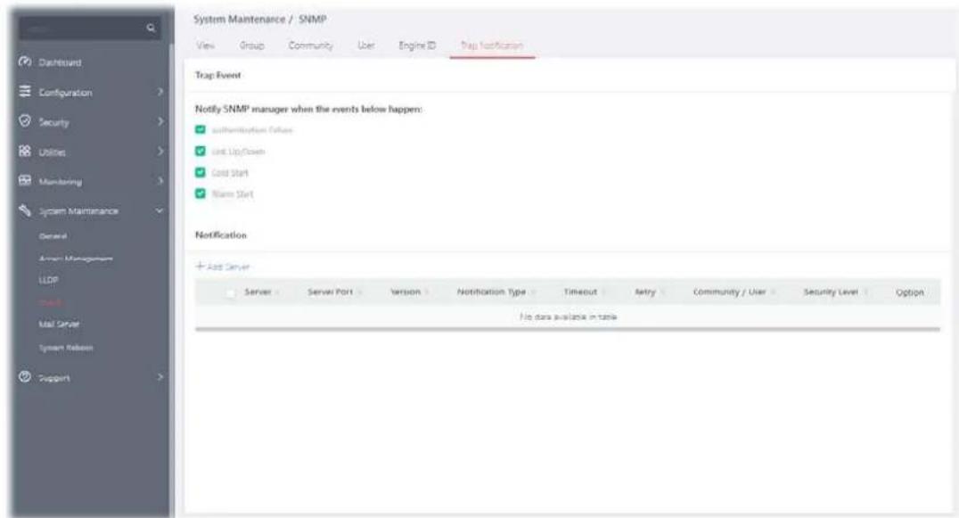 System Maintenance / SNMP View Group Community User Engine ID Trap Notification Trap Event Notify SNMP manager when the events below happen: ■ authorization Status ✓ and Up/Down ✓ Cold Start ✓ Name Start Notification + Add Server Server Server Port Version Notification Type Timeout Retry Community / User Security Level Option File data available in table
