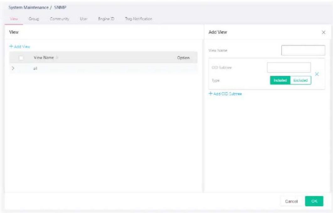 System Maintenance / SNMP View Group Community User Engine ID Trip Notification View + Add View View Name Option > all Add View View Name CID Subtree Type Included Excluded + Add CID Subtree Cancel OK