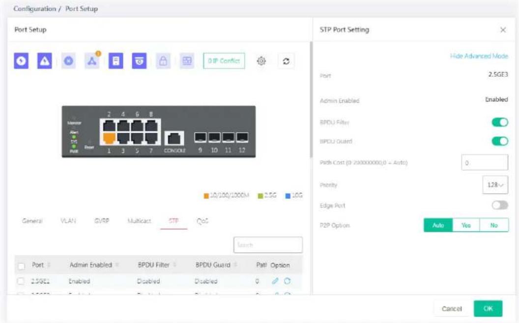 Configuration / Port Setup Port Setup 0 IP Conflict STP Port Setting Hide Advanced Mode Port 2.5GE3 Admin Enabled Enabled BPDU Filter BPDU Guard Path Cost (0:20000000,0 = Auto) 0 Priority 128~ Edge Port P2P Option Auto Yes No General VLAN GVRP Multicast STP QoS Search Port Admin Enabled BPDU Filter BPDU Guard Patl Option 2.5GE3 Enabled Disabled Disabled 0 Cancel OK