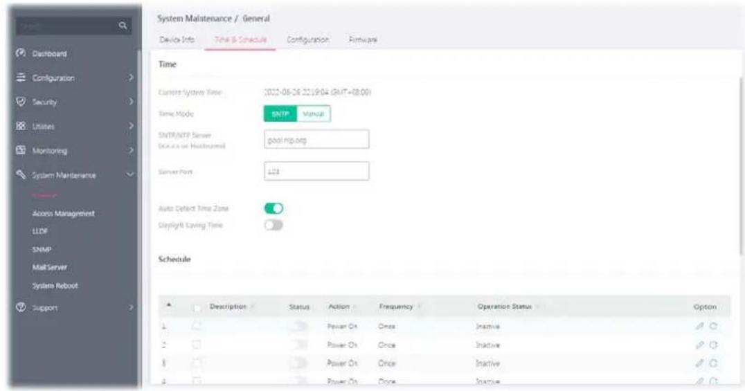 System Maintenance / General Device Info Time & Schedule Configuration Hardware Time Current System Time: (011-06-26 21:19:04 (SHT+08:00)) Time Mode: SNTP Manual SNTP/NTP Server DCUs on Hosts/nms/ good.mpg.org Server Port: L23 Auto Detect Time Zone Daylight Saving Time Schedule Description Status Action Frequency Operation Status Option 1 Power On Once Inactive 2 Power On Once Inactive 3 Power On Once Inactive 4 Power On Once Inactive