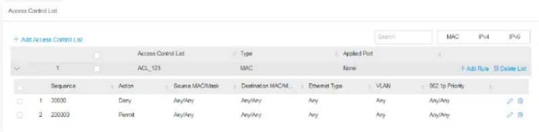 Access Control List + Add Access Control List Access Control List Type Applied Port 1 ACL_123 MAC None Add Rule Delete List Sequence Action Source MAC/Mask Destination MAC/M... Ethernet Type VLAN 802.1p Priority 1 30000 Dany Any/Any Any/Any Any Any Any/Any 2 200000 Permit Any/Any Any/Any Any Any/Any