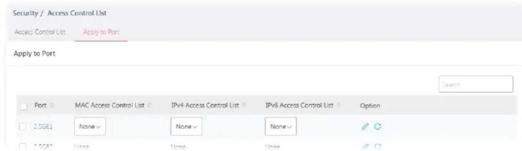 Security / Access Control List Access Control List Apply to Port Apply to Port Port MAC Access Control List IPv4 Access Control List IPv6 Access Control List Option EDGE1 None None None EDGE2 None None None