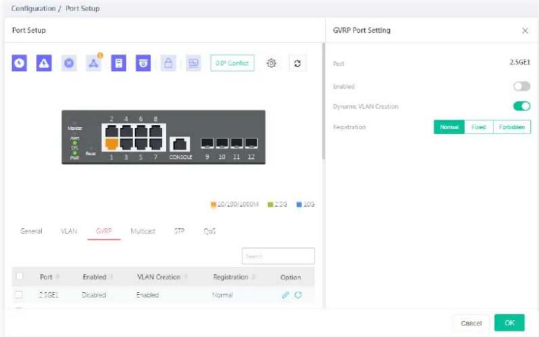 Configuration / Port Setup Port Setup GVRP Port Setting Port 2.5GE1 Enabled Dynamic VLAN Creation Registration Normal Fixed Forbidden Nanover Avent PWM Base 1 3 5 7 Console 9 10 11 12 20/100/1000M 2.5G 10G General VLAN GVRP Multicast STP QoS Search Port Enabled VLAN Creation Registration Option 2.5GE1 Disabled Enabled Normal Cancel OK
