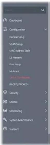 Dashboard Configuration General Setup VLAN Setup MAC Address Table L3 Network Port Setup Multicast RADIUS/TACACS+ Security Utilities Monitoring System Maintenance Support