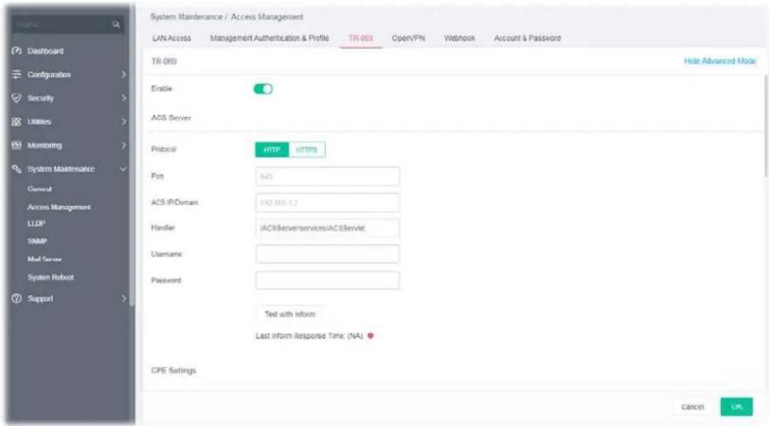 System Maintenance / Access Management LAN Access Management Authentication & Profile TR-069 OpenVPN Webhook Account & Password TR-069 Hide Advanced Mode Enable ACS Server Protocol HTTP HTTPS Port 443 ACS IP/Domain 192 18.8.12 Handler ACSServerServices/ACSServer Username Password Test with inform Last inform Response Time: (NA) # CPE Settings Cancel UK