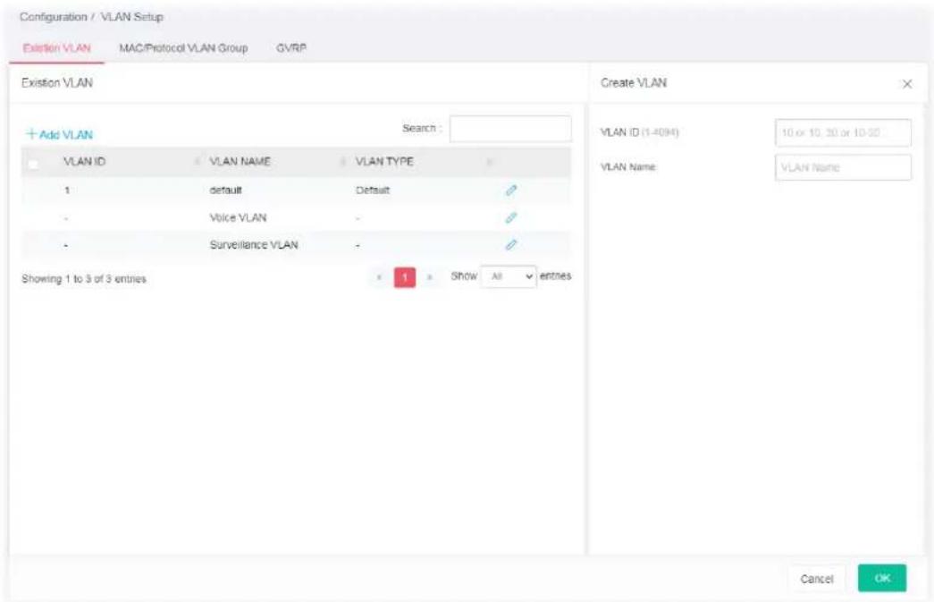 Configuration / VLAN Setup Exision VLAN MAC/Protocol VLAN Group GVRP Exision VLAN Search : Add VLAN VLAN ID VLAN NAME VLAN TYPE 1 default Default - Voice VLAN - Surveillance VLAN - Showing 1 to 3 of 3 entries 1 Show All entnes Create VLAN VLAN ID (1-40H) 10 or 10, 20 or 10-20 VLAN Name: VLAN Name Cancel OK