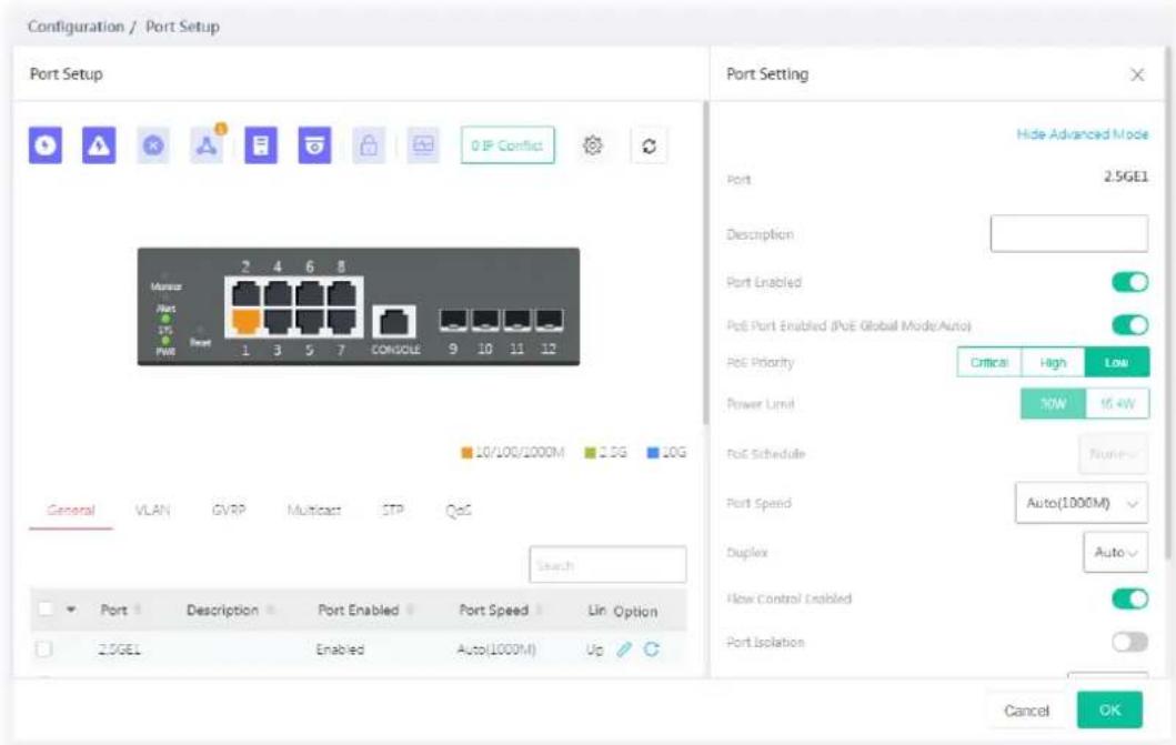 Configuration / Port Setup Port Setup 0 IP Conflict Muse Nuts PWR 1 3 5 7 CONJOLE 9 10 11 12 10/100/1000M 2.5G 10G General VLAN GVRP Multicast STP QoS Search Port Description Port Enabled Port Speed Lin Option 2.5GEL Enabled Auto(1000M) Up Port Setting Hide Advanced Mode Port 2.5GE1 Description Port Enabled Port Port Enabled (PoE Global Mode/Auto) PoE Priority Critical High Low Power Limit 50W 15 kW PoE Schedule Numbers Port Speed Auto(1000M) Duplex Auto Flow Control Enabled Port Isolation Cancel OK