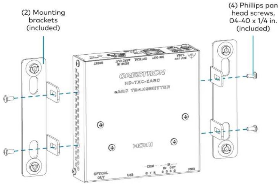 (2) Mounting brackets (included) CRESTRON HD-TXC-EARC ARC TRANSMITTER HOMI OPTICAL OUT USB COM IN OUT FMR (4) Phillips pan head screws, 04-40 x 1/4 in. (included)