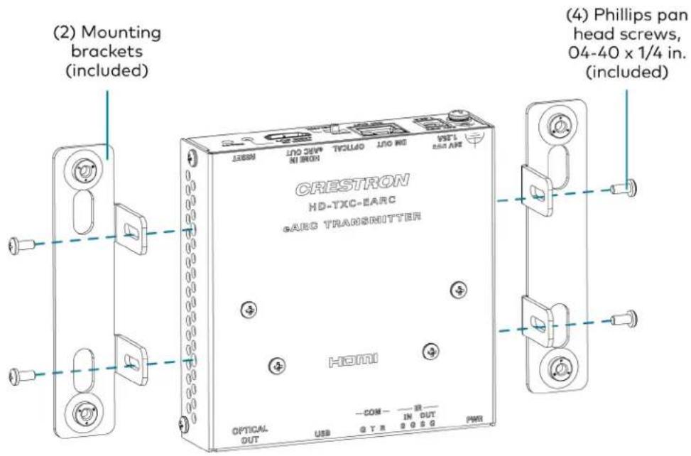 (2) Mounting brackets (included) CRESTRON HD-TXC-EARC GARC TRANSMITTER HOMI OPTICAL OUT USB COM T R IN OUT S O S Q PMR (4) Phillips pan head screws, 04-40 x 1/4 in. (included)
