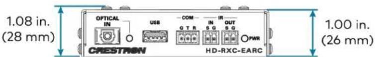 1.08 in. (28 mm) OPTICAL IN USB COM IN OUT G T R S G S G CRESTRON HD-RXC-EARC PWR 1.00 in. (26 mm)