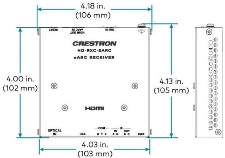 CRESTRON HD-RXC-EARC ARC RECEIVER 4.18 in. (106 mm) 4.00 in. (102 mm) 4.13 in. (105 mm) HDMI OPTICAL IN COM IN IR OUT USB Q T R S G S G PWR 4.03 in. (103 mm)