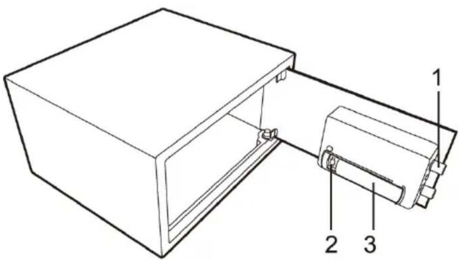 Technical diagram of a device with labeled components, showing a box and internal structure with numbered parts.