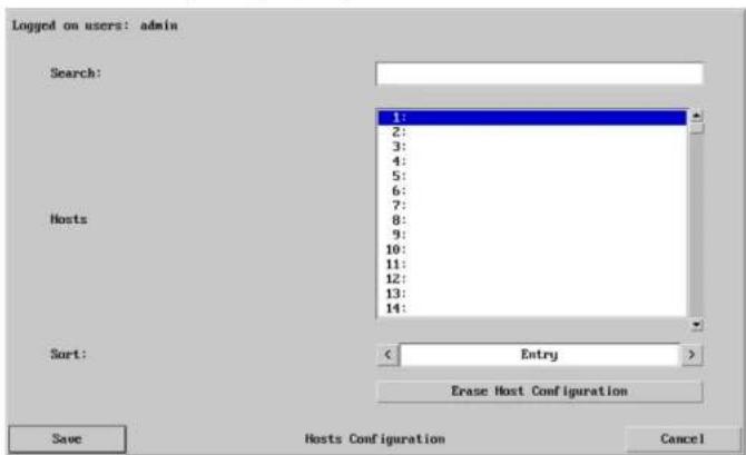 Logged on users: admin Search: Hosts Sort: Entry Erase Host Configuration Save Hosts Configuration Cancel