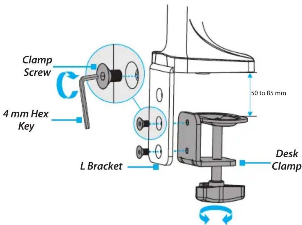 Clamp Screw 4 mm Hex Key L Bracket 50 to 85 mm Desk Clamp