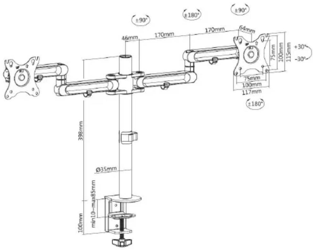 ±90° ±180° ±90° 46mm 170mm 170mm 64mm 75mm 100mm 115mm +30° -30° 75mm 100mm 117mm ±180° 398mm Ø35mm min10~max85mm 100mm
